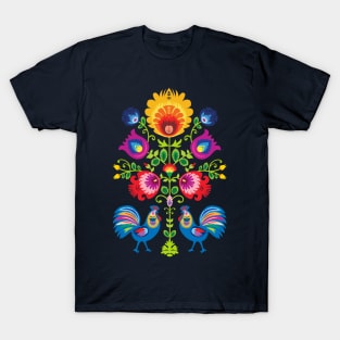 Folklore with Two Roosters - dark background T-Shirt